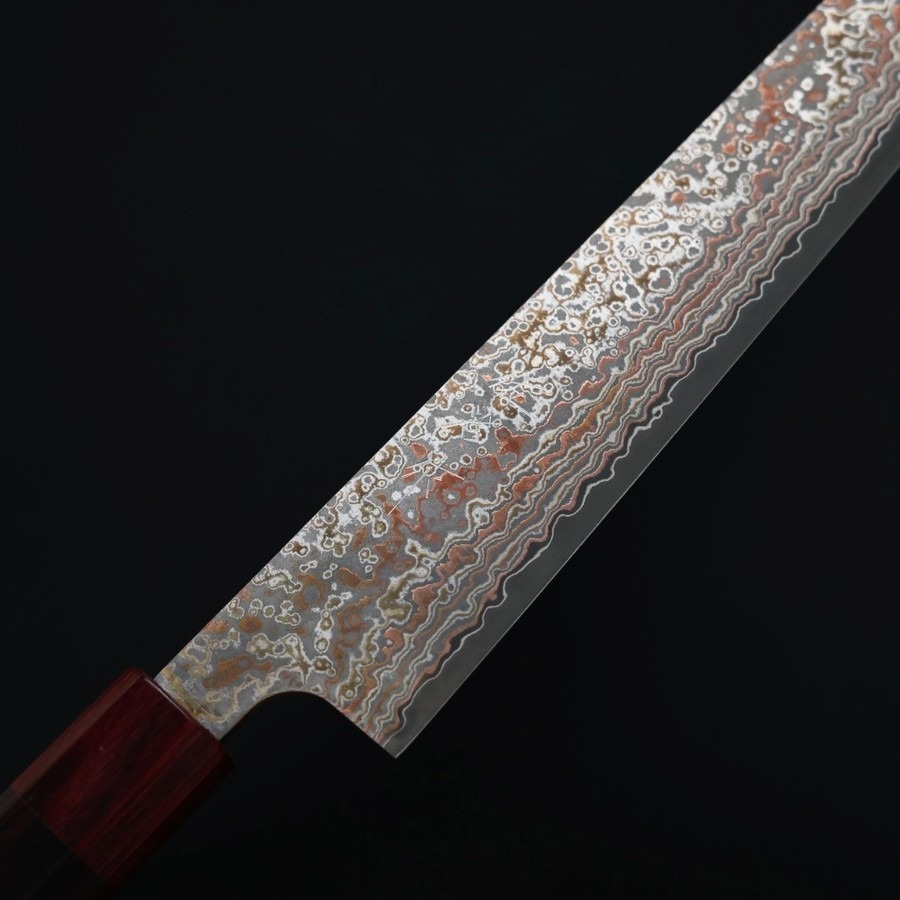 saji-sj270-vg10nj-5 佐治武士 筋引 270mm VG10鋼 黑染霓虹大馬士革 紫檀柄