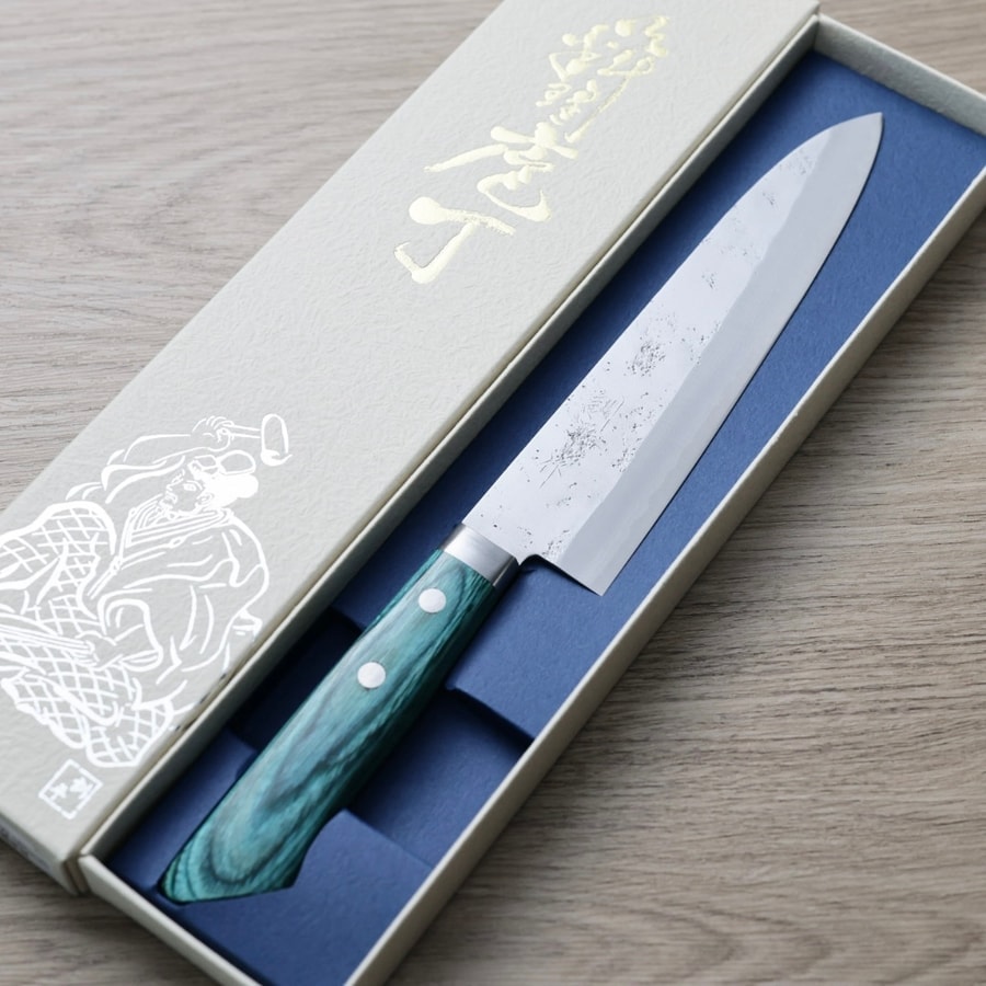 matsutani-gyuto-vg10-skg-2 增谷訓生 牛刀 180mm VG10鋼 鎚目大馬士革 雪華 綠柄