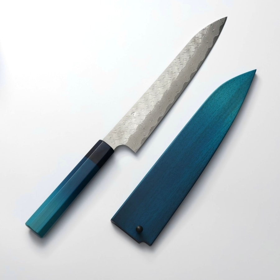藍包丁 x 二唐刃物 筋引 240mm SG Strix粉末HSS鋼 鎚目大馬士革