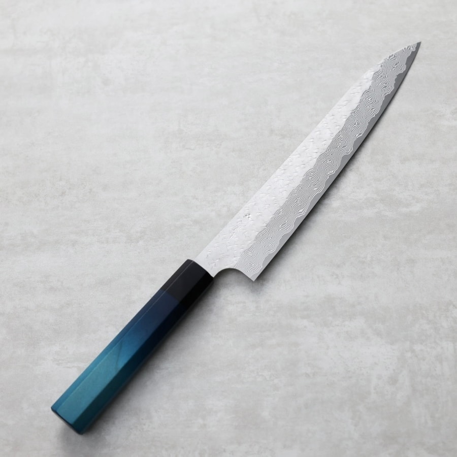 藍包丁 x 二唐刃物 筋引 240mm SG Strix粉末HSS鋼 鎚目大馬士革