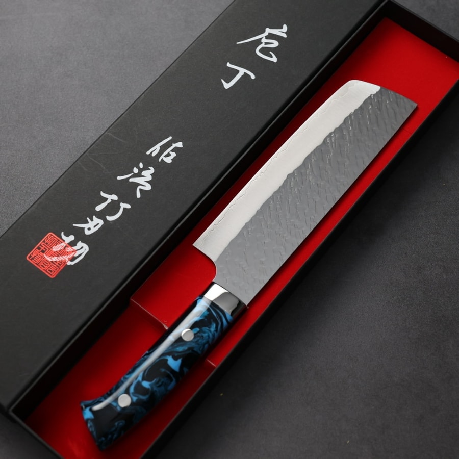 佐治武士 菜切 170mm SG Strix鋼 鎚目 藍壓克力柄:圖片 2