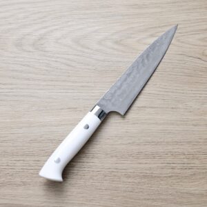 saji-p150-vg10ja-1 佐治武士 蔬果 150mm VG10鋼<br>十字鎚目 黑染大馬士革 白壓克力柄