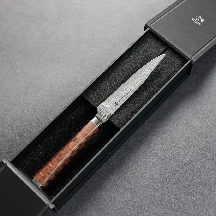 龍泉刃物 寄木細工 牛排刀/二崩 100mm ATS314 63層大馬士革:圖片 3