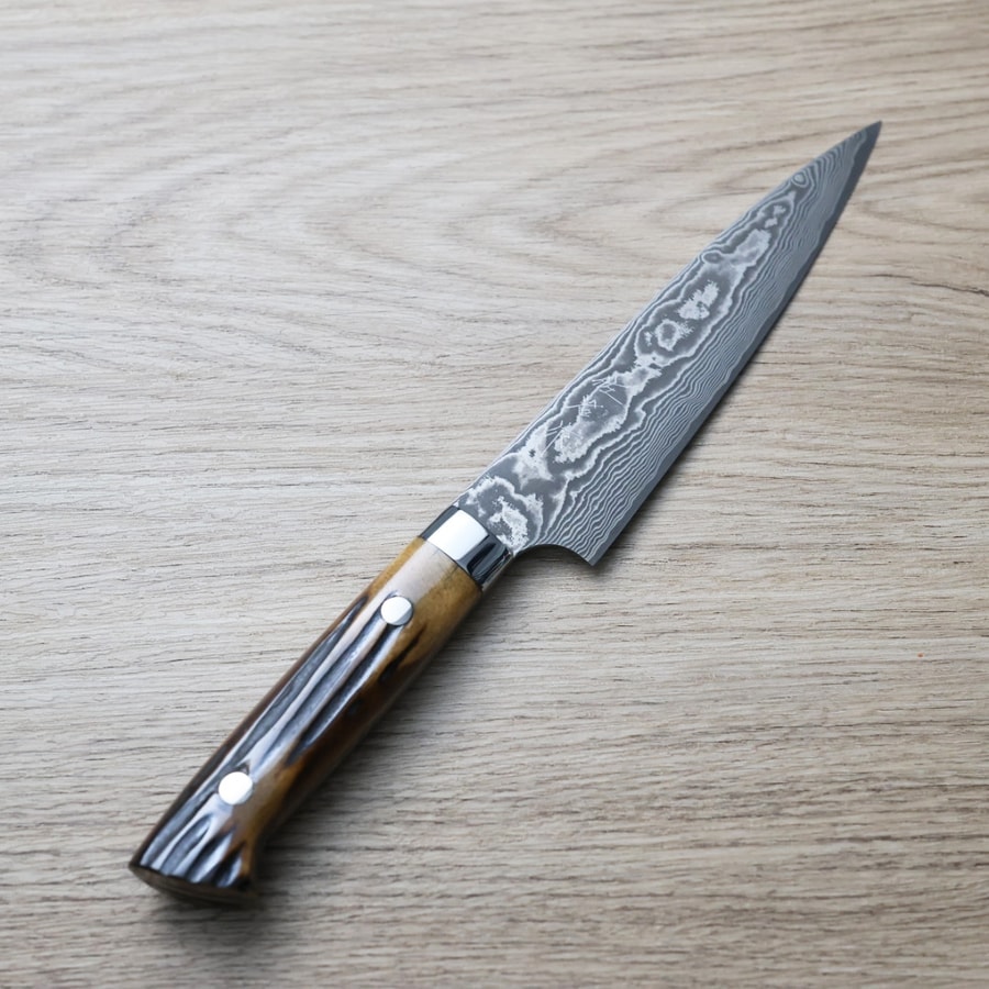佐治武士 蔬果刀 150mm VG10鋼 黑染大馬士革 鹿角柄
