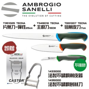 t351026set-fix 在家做生魚片限量 Tecna彈性片魚刀250mm+TECNA主廚刀160mm+TECNA彎削皮刀70mm 贈送不鏽鋼削皮器+刨絲刀